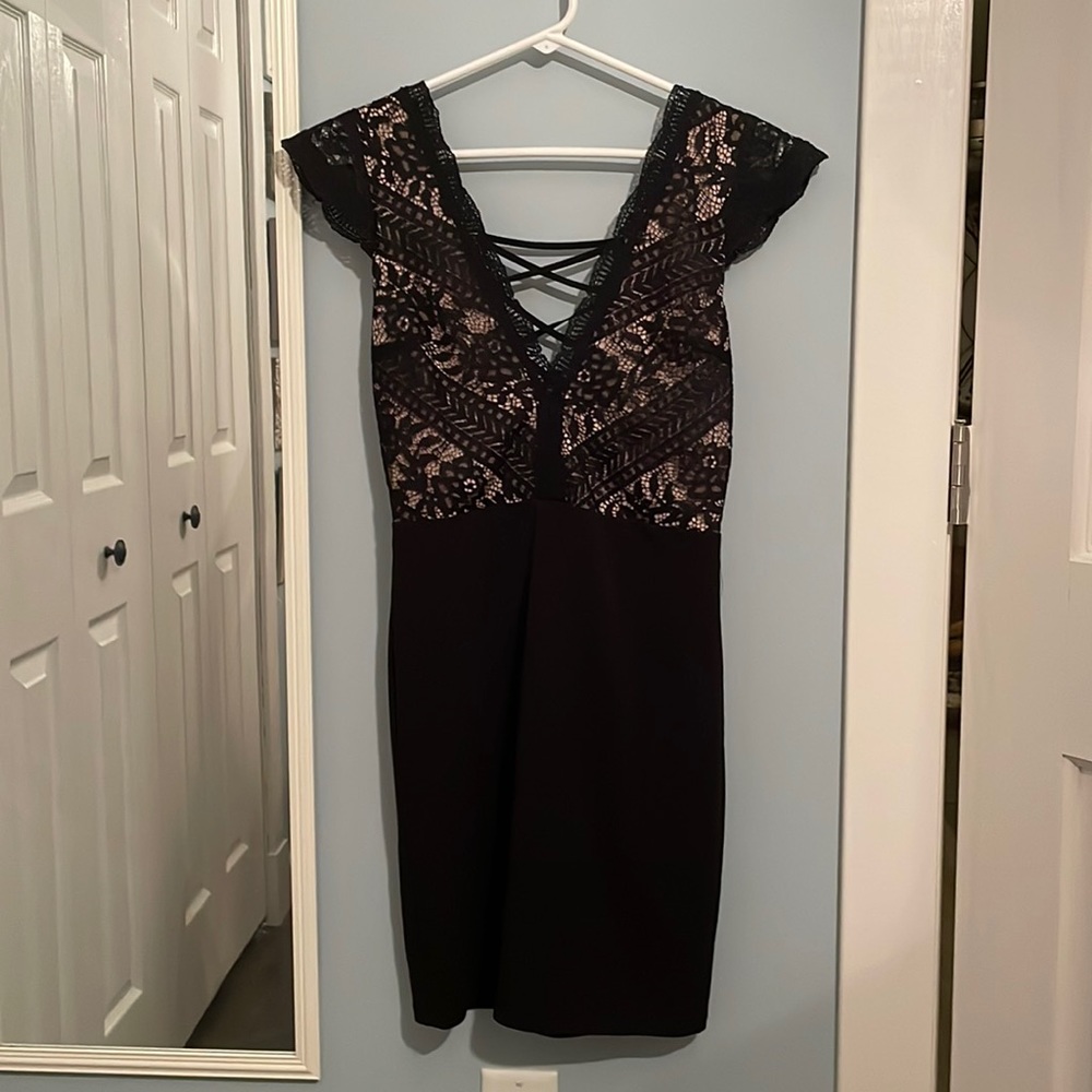 Lulus black short sleeve dress, lace up back size small (S)